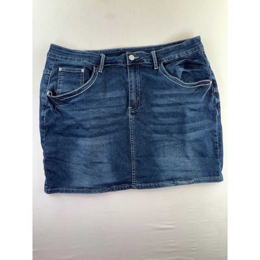 Romwe Denim Mini Skirt Dark Wash Angel Wing Embroidery Rhinestone Pockets 3XL